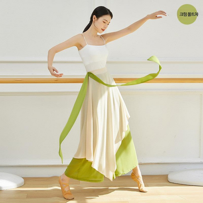 무용 연습복 투톤 치마바지 와이드 쉬폰 바지 통넓은 댄스복, 크림 몰트차
