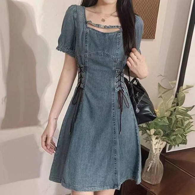 데님스커트 빅사이즈 슬림핏 미니 코르셋 스퀘어넥 꾸안꾸 데님 롱 원피스