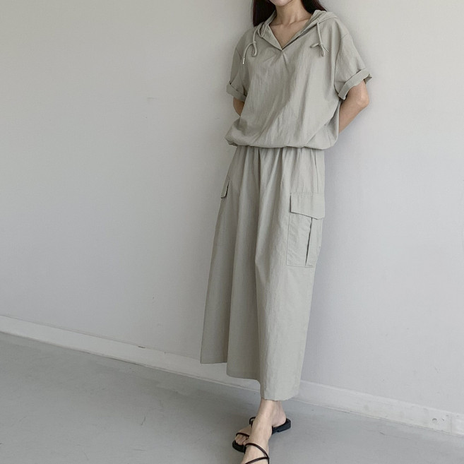 [행복여] 오픈 후드 스트링 카고 밴딩 스커트 세트