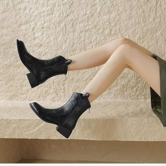 AURALA 여성 웨스턴 데님 부츠 가을 빅사이즈 패션 소프트 레더 앤티크 앵클 부츠 L0923-04