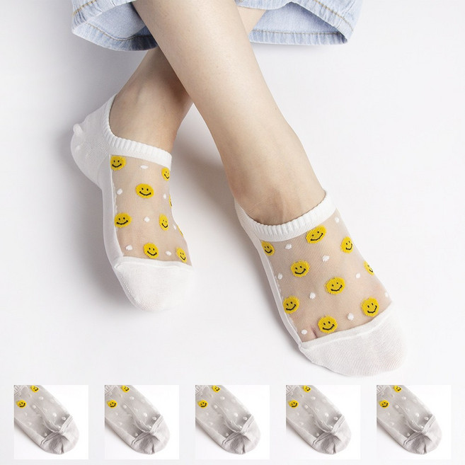 여성 여름 하트 스마일 망사 시스루 덧신 양말 페이크삭스 5켤레 세트