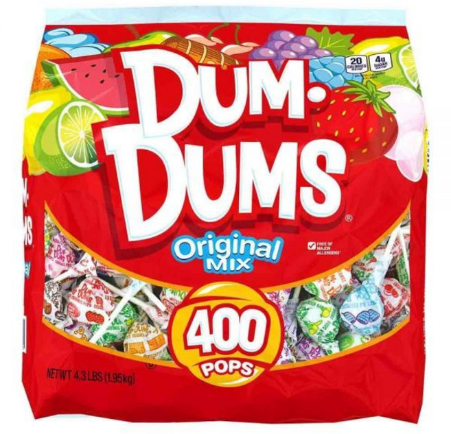 벌크 대용량 간식 Dum Dums 덤덤스 믹스 400개입 1팩 가방 전통적인 맛의 다양한 사탕 가방에 담긴 개별 포장 롤리팝 어떤 행사에도 적합, 122g, 1개