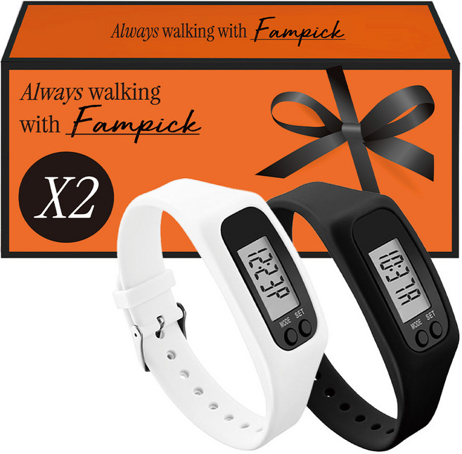 팸팸픽 건강 만보기 손목 시계, 2개, 화이트+블랙