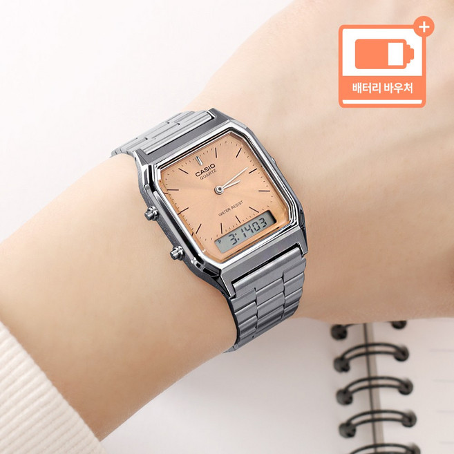 카시오 빈티지 사각 선레이 다이얼 아나디지 공용 프리버클 메탈시계
