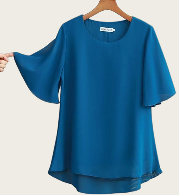 로르카 여성 루즈핏 라운드넥 쉬폰 플레어소매 빅사이즈 반팔 블라우스 S031610