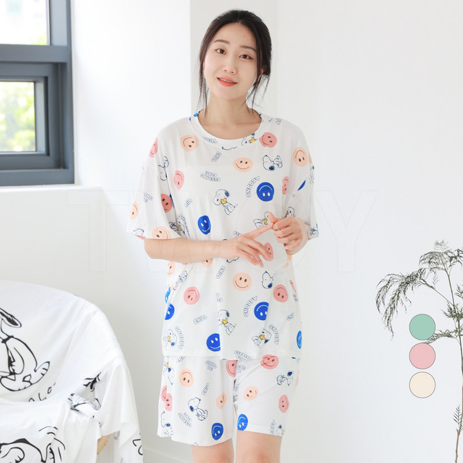 투와이 스누피 남녀공용 피치 반팔 파자마 상하세트 PF286