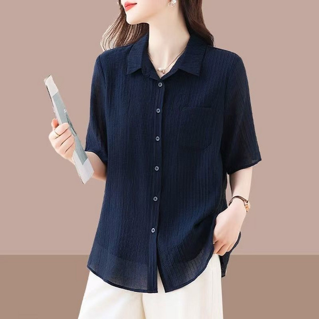 메인워크 중년 여성 빅사이즈 반팔 셔츠 여름 엄마룩 냉장고 루즈핏 심플 빈티지 터틀넥 패션 남방 쿨링 아우터 상의