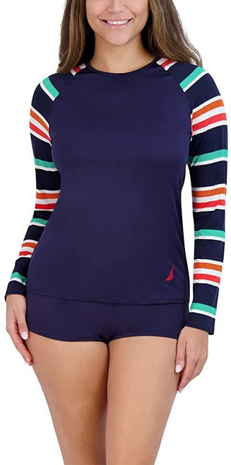 Nautica 여성용 긴소매 래쉬가드 - 빠른 건조 UPF 보호 수영 셔츠 수영장 해변 하이킹 요가 배구 심해 S 172899, L, 프렙 스트라이프