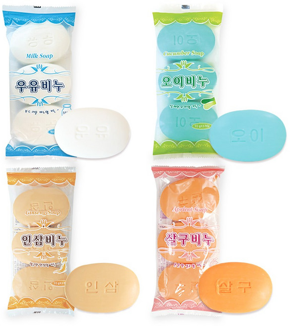 우유 오이 인삼 살구 화장비누 3P 모음 세수비누 미용비누 목욕비누, 90g, 3개