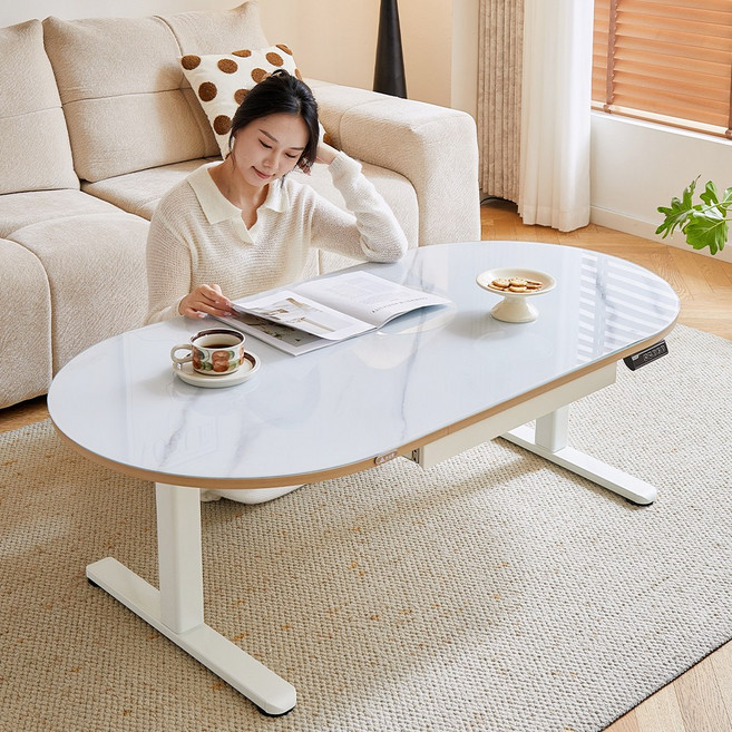 아우스 FJ15 대리석 무늬 강화유리 원목 전동 모션 소파테이블 거실테이블 리프트테이블 높이조절 테이블 좌식 모션데스크 타원형, 대리석 무늬 상판+화이트 프레임