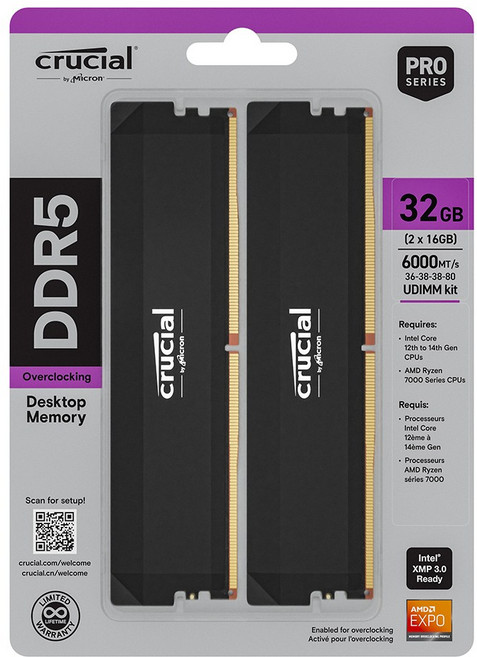마이크론 Crucial DDR5-6000 CL36 PRO Overclocking 패키지 아스크텍 (32GB(16Gx2)), 블랙
