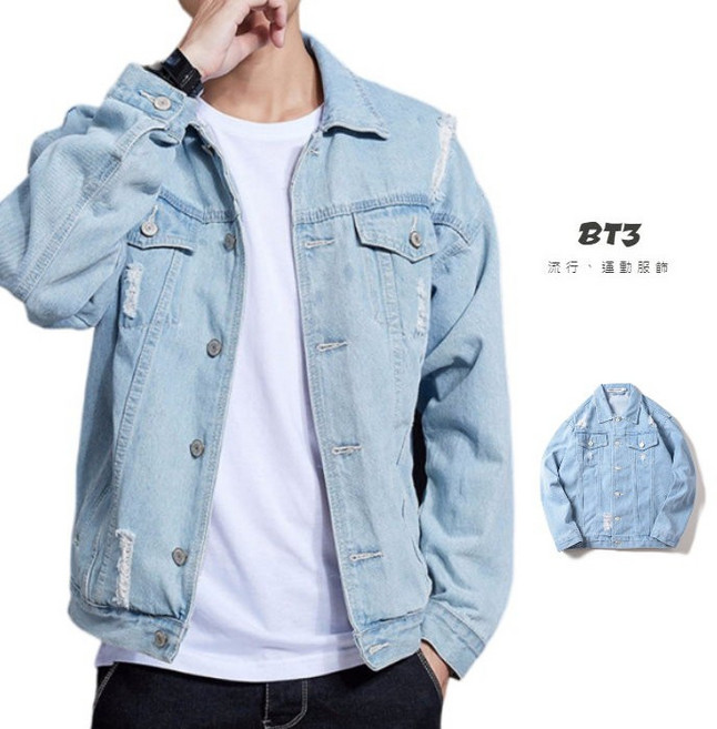 BT3 淺藍色刷破牛仔外套 - 落肩寬鬆牛仔襯衫外套