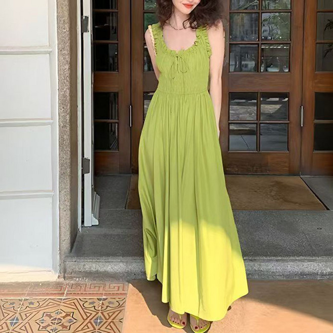 FANSYLI 바캉스 원피스 여성 롱 슬림 민소매 원피스 심플 오피스 원피스 솔리드 빈티지 셔링 뷔스티에 원피스 데일리룩 X2505M29