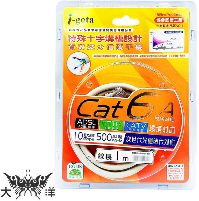 i-gota CAT6A 網路傳輸線 特殊十字溝槽設計 減少損耗, 1個, 1M