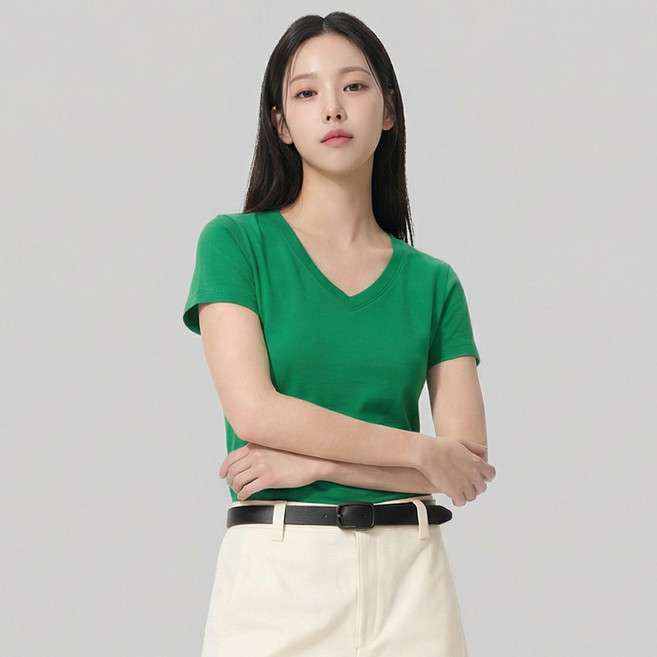 엠제이스타 여성 무지 시원한 심플 스판 브이넥 반팔 티셔츠 10color