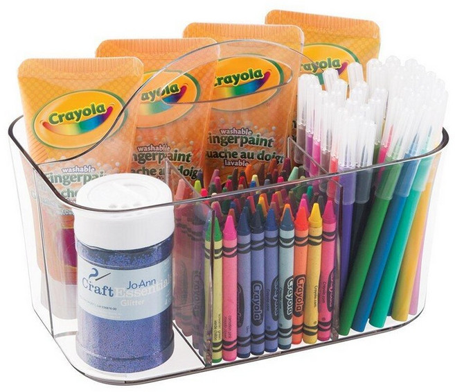 mDesign 플라스틱 휴대용 공예품 보관 정리함 캐디 토트 분할 바구니 통 /핸들 바느질 미술 용품 브러시 색연필 보관함 루미에르 컬렉션 클리어, Clear, Clear