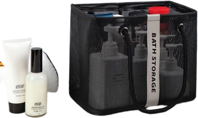 라이프툴스 메쉬 목욕가방 세면파우치 욕실 샤워백 수납바구니 손잡이형 세면도구 수납가방, 시크블랙