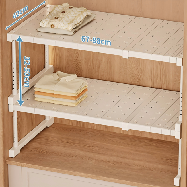 Shipshape 옷장 레이어드 높이조절 길이조절 칸막이 싱크대 하부장 정리 수납 선반 신발걸이 적층형 정리대, 1개, 화이트(67~88x42x34~50)cm
