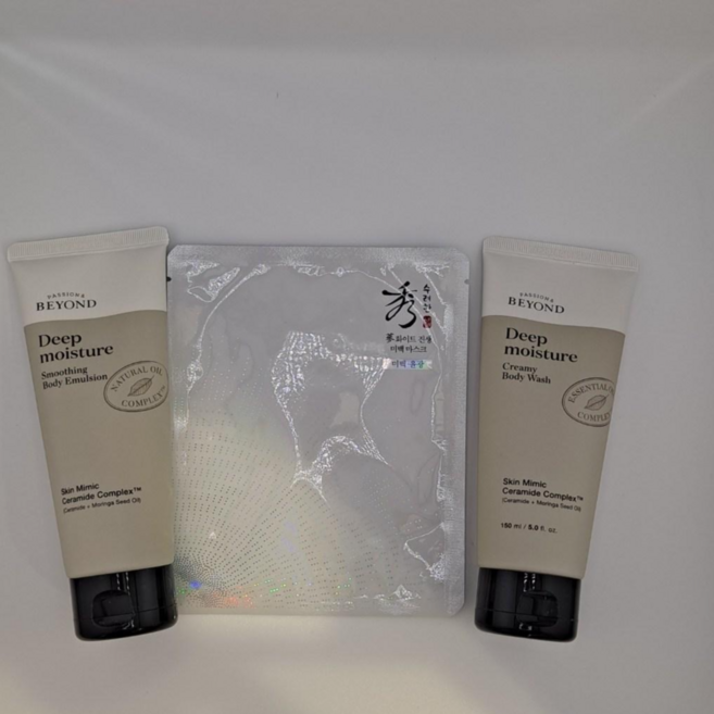 [비건라이프] 여행용 비욘드 딥 모이스처 스무딩 바디 에멀전 150ml + 스무딩 바디 클렌져 150ml Warm blanket향 + 수려한 마스크 1매 랜덤발송, 1세트