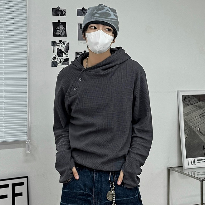 와플 헨리넥 핑거홀 후드 롱슬리브 크롭 후드티 긴팔티 2C