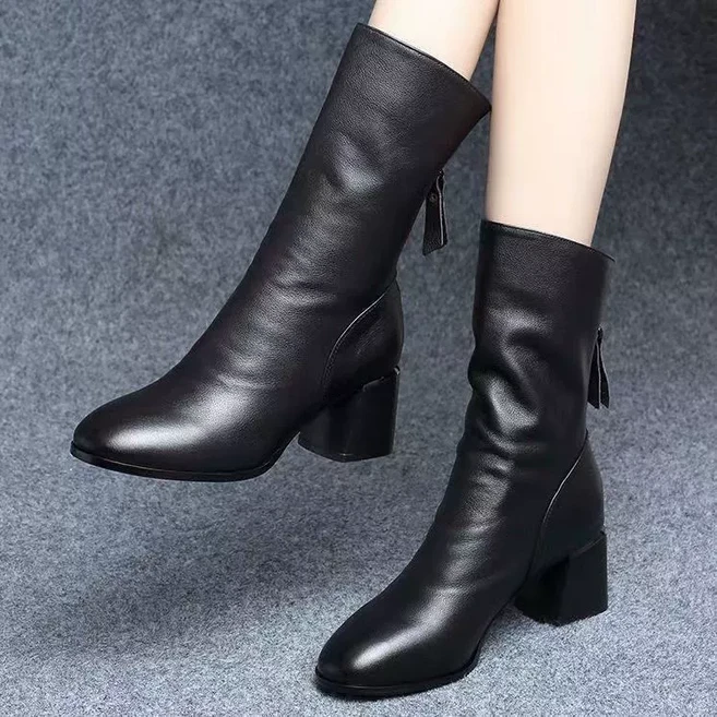 여성 가죽 앵클부츠 지퍼 통굽 미들부츠 5cm