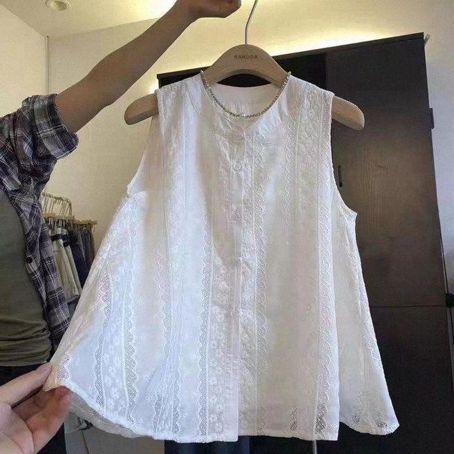 蕾絲拼接刺繡白色上衣 夏季無袖背心娃娃衫