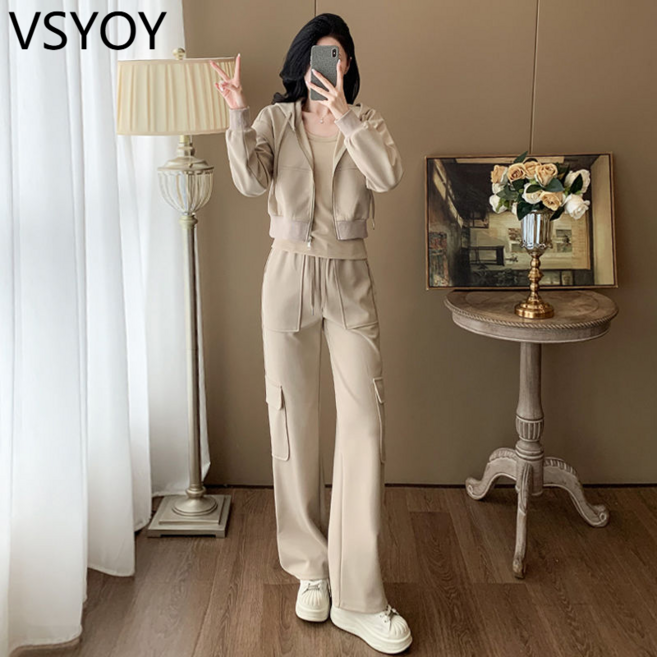 vsyoy 유행 브랜드 패션 스포츠 세트 2024 한국 스타일 새로운 가을 프라이드 스트리트 탑 스트레이트 튜브 크록 팬츠 3 피스 세트