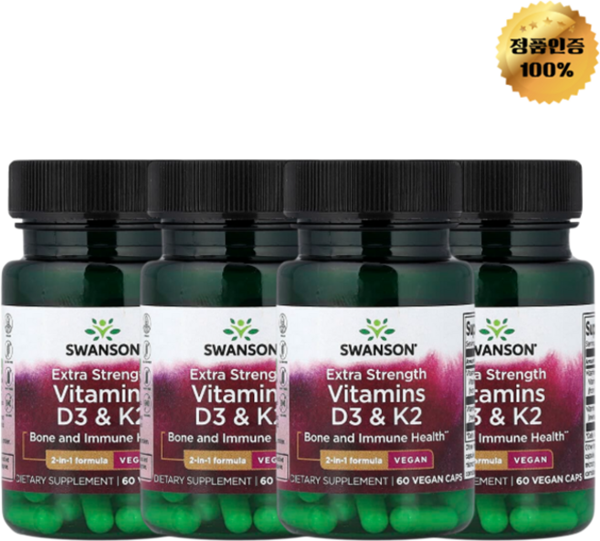 2+2 스완슨 비타민D3 비타민K2 엑스트라 강도 베지 캡슐 60정, 4개