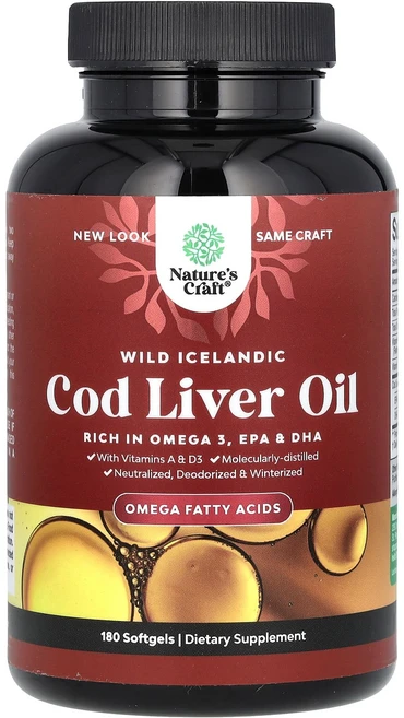 건강챙기세요 Nature's Craft 야생 아이슬란드산 대구 간유 비타민A 및 D3 함유 소프트젤 180정 백살까지오래오래, NaturesCraft야생아이슬란드산대구간유비타민A및D, 1개 - 쿠팡