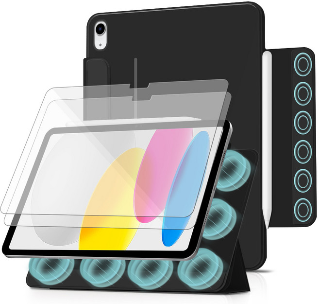 더조은셀러 아이패드 호환 3단 폴리오 마그네틱 케이스 2매입 유리필름 포함, 블랙, 1세트