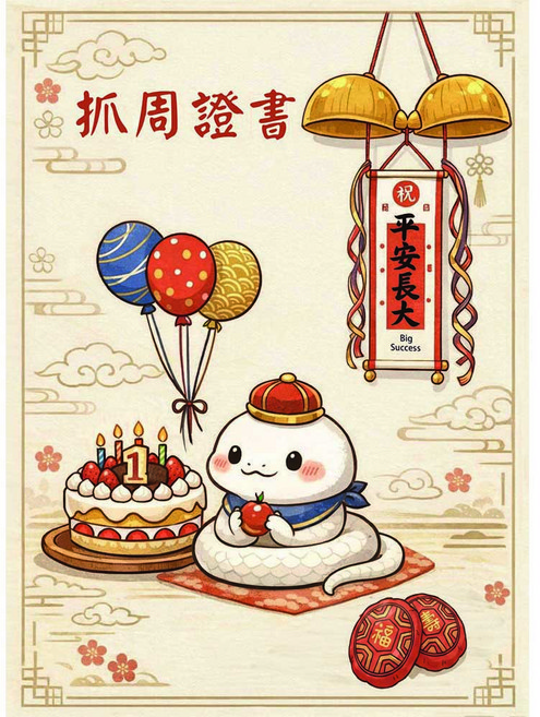 抓周生日卡片 抓週證書, 蘋安蛇寶版, 1個