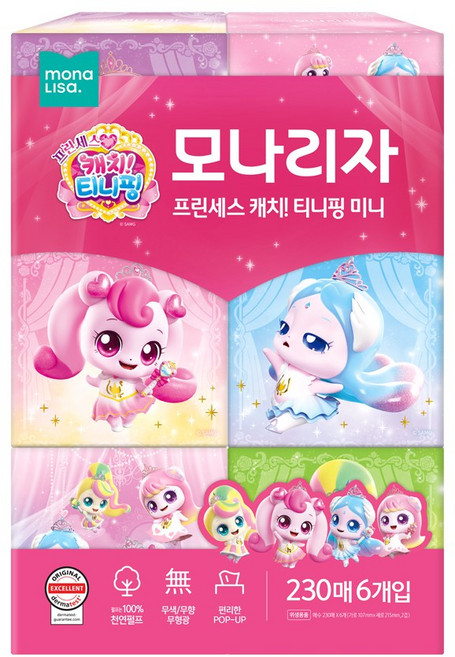 모나리자 캐치 티니핑 미니 천연펄프 미용티슈 2겹, 230개입, 6개