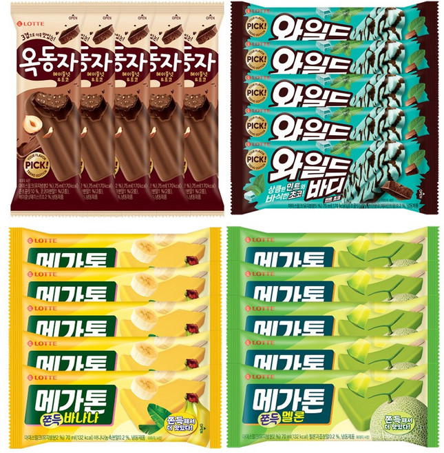 막대 아이스크림 옥동자 헤이즐넛 x5개+와일드 바디 민트초코 x5개+메가톤 멜론 x5개+메가톤 바나나x5개