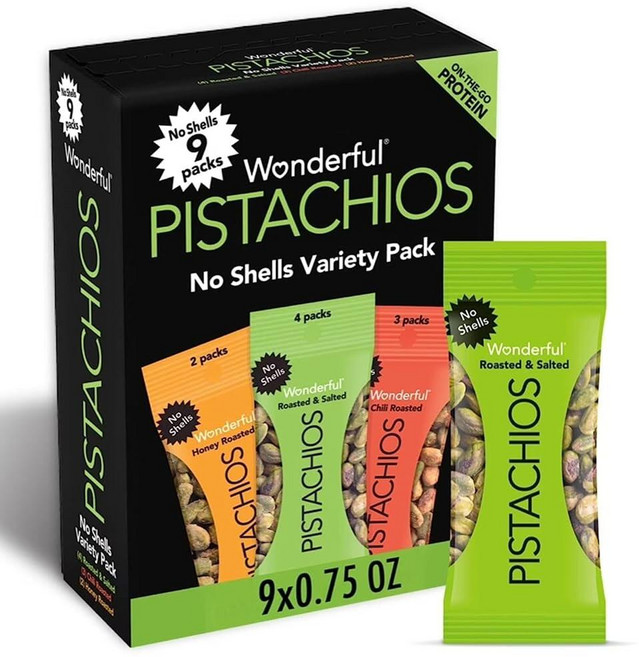 Wonderful Pistachios 껍질 없음 3가지 맛 혼합 버라이어티 팩 32개(21.3g(0.7온스) 로스트 및 솔티드 너트 (14) 칠리 로스트 (9) 바다 소, 0.75 Ounce (Pack of 14), 1개