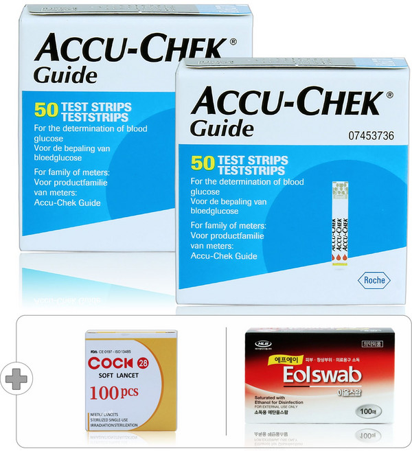 로슈 아큐첵 가이드 당뇨 혈당 검사지 시험지 측정지 100매+침 100개+솜 100매, 1개, 1세트