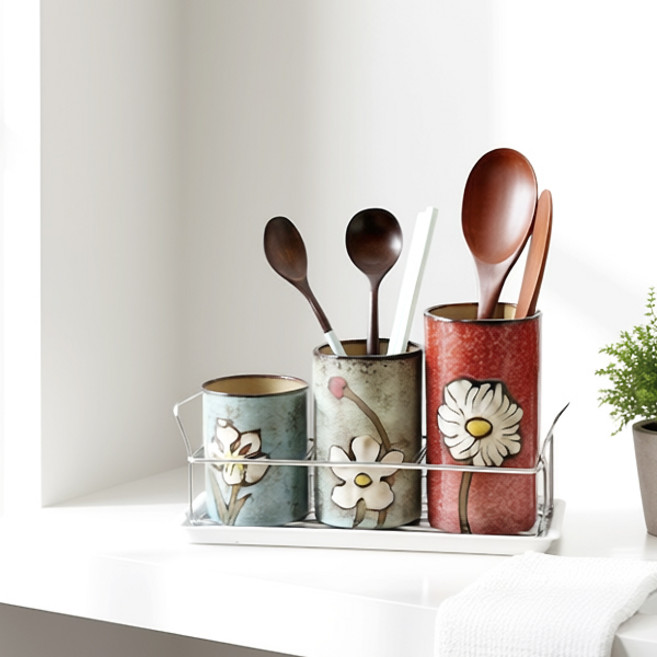 플라워 패턴 도자기 수저통3구 물받이 포함 수저꽂이 조리도구함, 1세트, 혼합