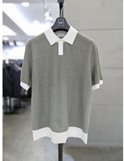 바쏘옴므 세이브존03 25 카키그린 면 혼방 배색카라 반팔 니트 WSAFZ2WT39AGNA