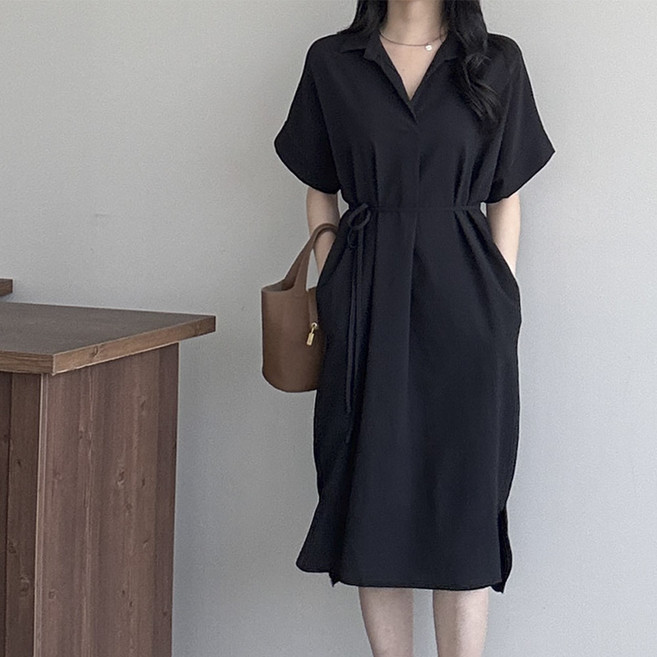 [행복여] 마레 루즈핏 끈세트 오픈 셔츠 카라 원피스