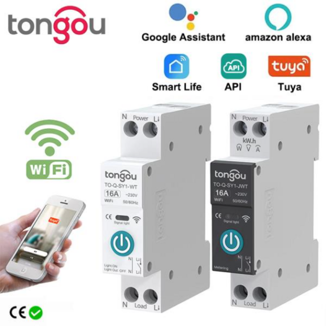 TUYA 와이파이 스마트 회로 차단기 계량 포함 스마트 홈 무선 원격 제어 스위치 앱 TONGOU DIN 레일 1P 63A, 1개