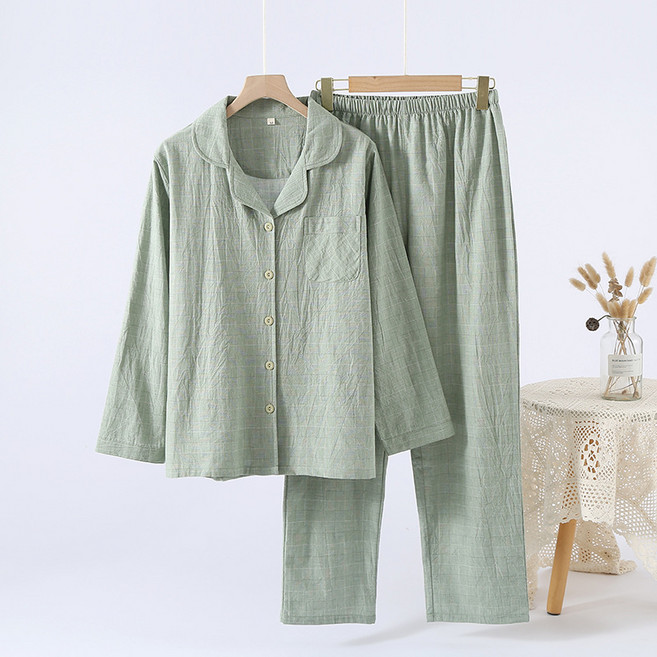 남녀공용 부드러운 통기성 순면 캐주얼 파자마 세트 오버핏 홈웨어 긴팔 잠옷 카라 상하세트