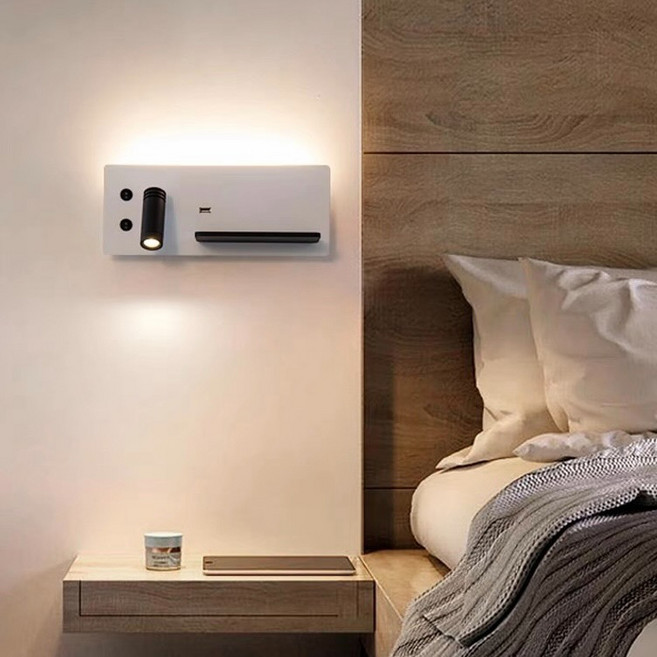 HUGO LIGHTING 極簡現代多功能北歐風格床頭壁燈, 白色,燈在左邊 無限充電款