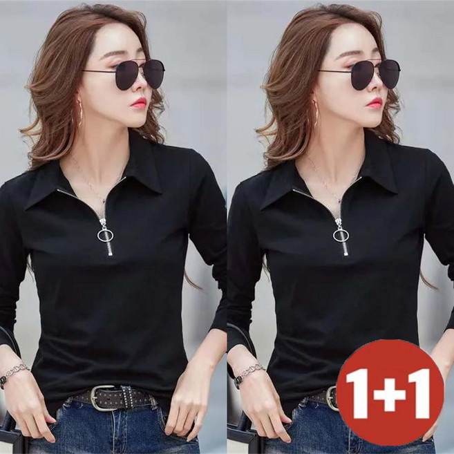 besteffie 1+1 여성용 빅사이즈 긴팔 티셔츠 슬림핏 반집업 카라넥 기본 이너티