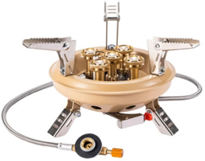 BRS-201A 휴대용 캠핑 가스 스토브 초강력화염 5구 16000W 고압 프로판 부탄 가스 버너 피에조 점화 기능이있는 야외 비상 스토브, 1개, 카키