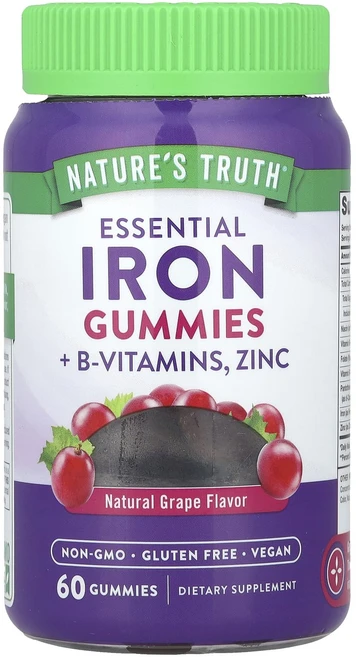 Nature's Truth 필수 철분 + 비타민B군 아연 구미젤리 천연 포도 맛 구미젤리 60개, NaturesTruth필수철분비타민B군아연구미젤리천연포, 1개, 60정 - 쿠팡