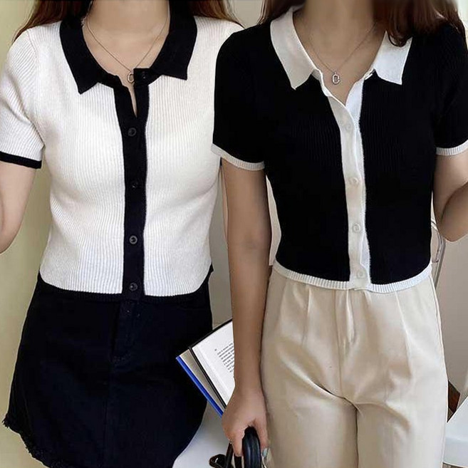 더루브 배색 골지 카라넥 잔 골지 허리길이 단추 오픈 가디건 니트 반팔티 여름 크롭 이너티