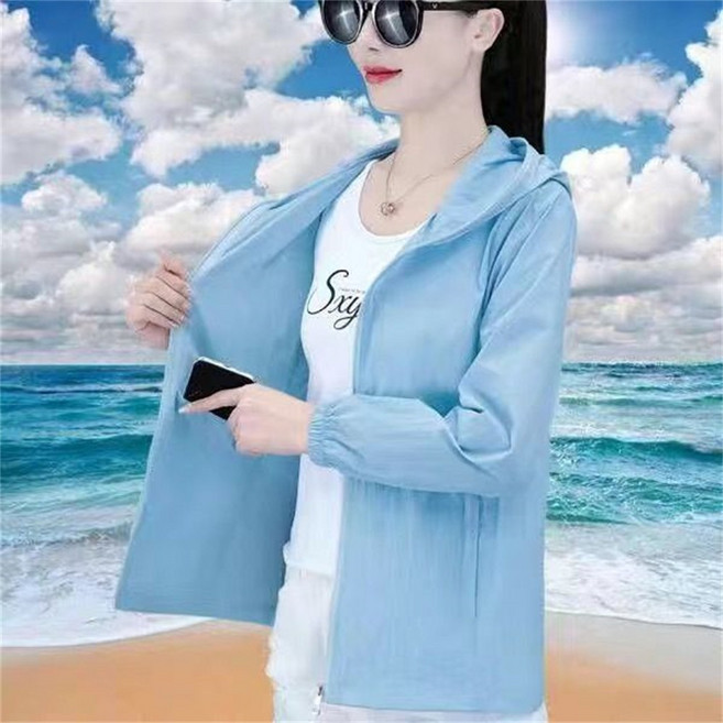 TKX 여성 후드 자외선 차단 재킷 경량 바람막이 등산 여행 데일리 활동용 휴대 간편 여름 자켓