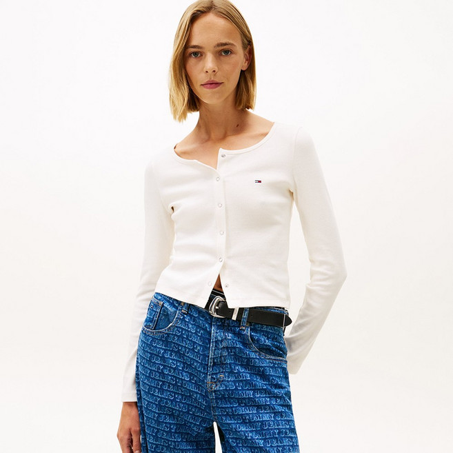타미힐피거 리브 스냅 버튼 롱 슬리브 티셔츠 (T32G0TTO01TWT2YBH)
