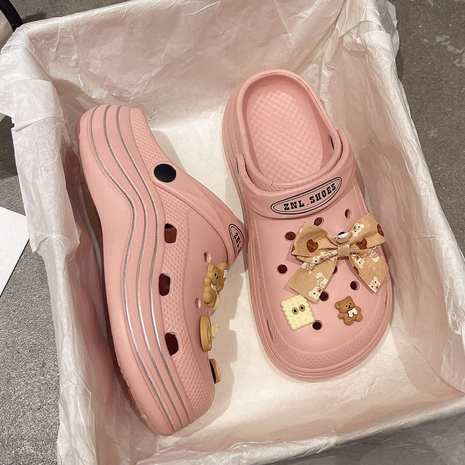 (장식 증정) 4.5cm 키높이 곰돌이 펀칭 슬리퍼 / 짭록스 아쿠아 샌들 근무화 유니화 데스크 서빙 알바 층간소음 식당 유치원 물놀이 청소 클로그