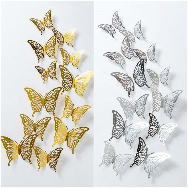 미즈코스 1+1 메탈 입체 나비 포인트 스티커 3d 벽지 데코 아이방 벽장식, 골드+실버