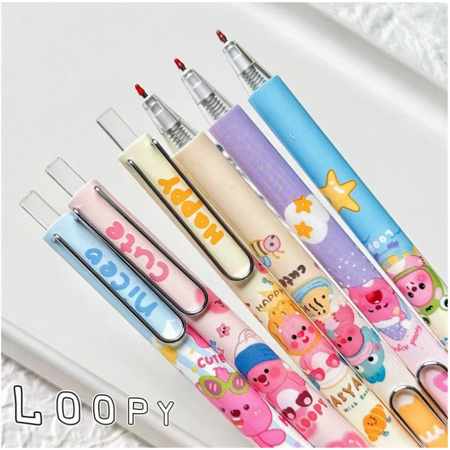 LOOPY 粉紅小海狸 中性筆 按動式 0.5mm 速乾, 1個, 套筆(一套6支)
